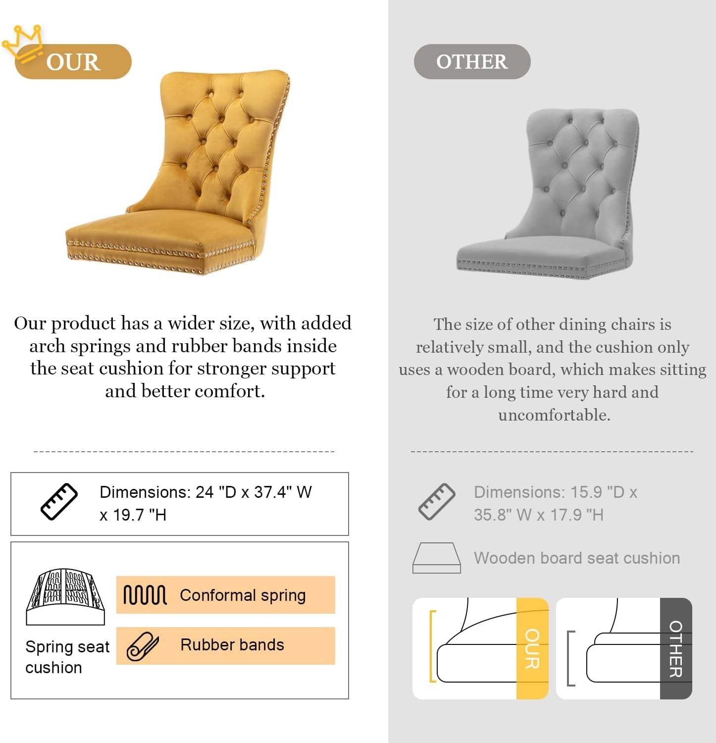 Velvet Dining Chairs Set of 4, Tufted Upholstered Dining Chairs with Nailhead Back and Ring Pull Trim, Solid Wood Dining Chairs for Kitchen/Bedroom/Dining Room (Gold)-3