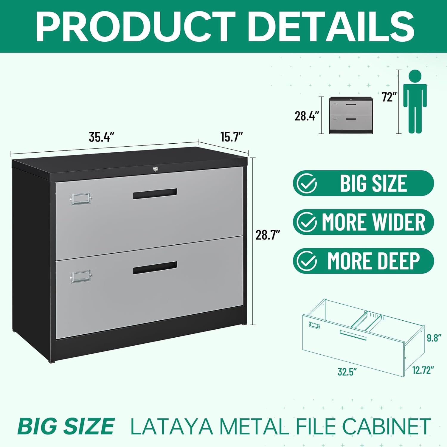 File Cabinet with Lock-Lateral 2 Drawer Metal Filing Cabinets-Organization Storage Cabinets for Home Office-Hanging Letter/Legal/F4/A4 Size (2 Drawer-Grey Black)-2