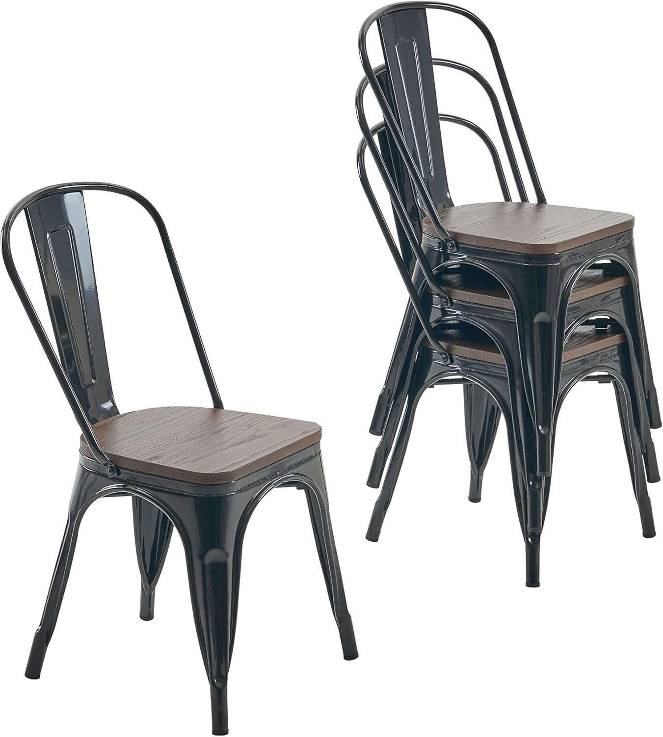 Metal Dining Chair Farmhouse Tolix Style for Kitchen Dining Room Café Restaurant Bistro Patio, 18 Inch, Stackable, Waterproof Indoor/Outdoor (Sets of 4) (Black with Wood Padding)-0