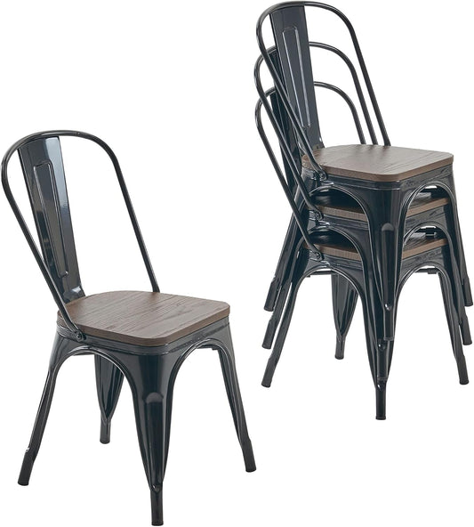 Metal Dining Chair Farmhouse Tolix Style for Kitchen Dining Room Café Restaurant Bistro Patio, 18 Inch, Stackable, Waterproof Indoor/Outdoor (Sets of 4) (Black with Wood Padding)-0