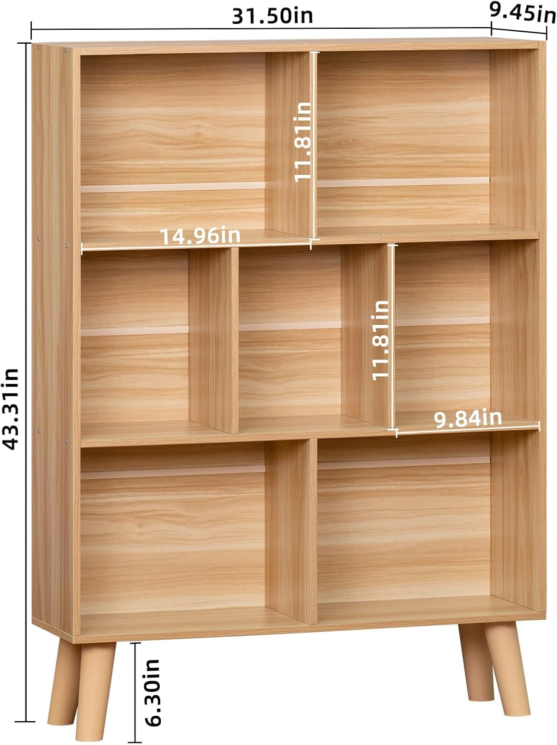 Wooden 7 Cube Book Shelf, Natural 3 Tier Bookshelf with Legs, Modern Open Storage Organizer,Boho Bookcase,Display Cabinet Shelf Free Standing Bookshelves for Bedroom,Living Room,Office-1