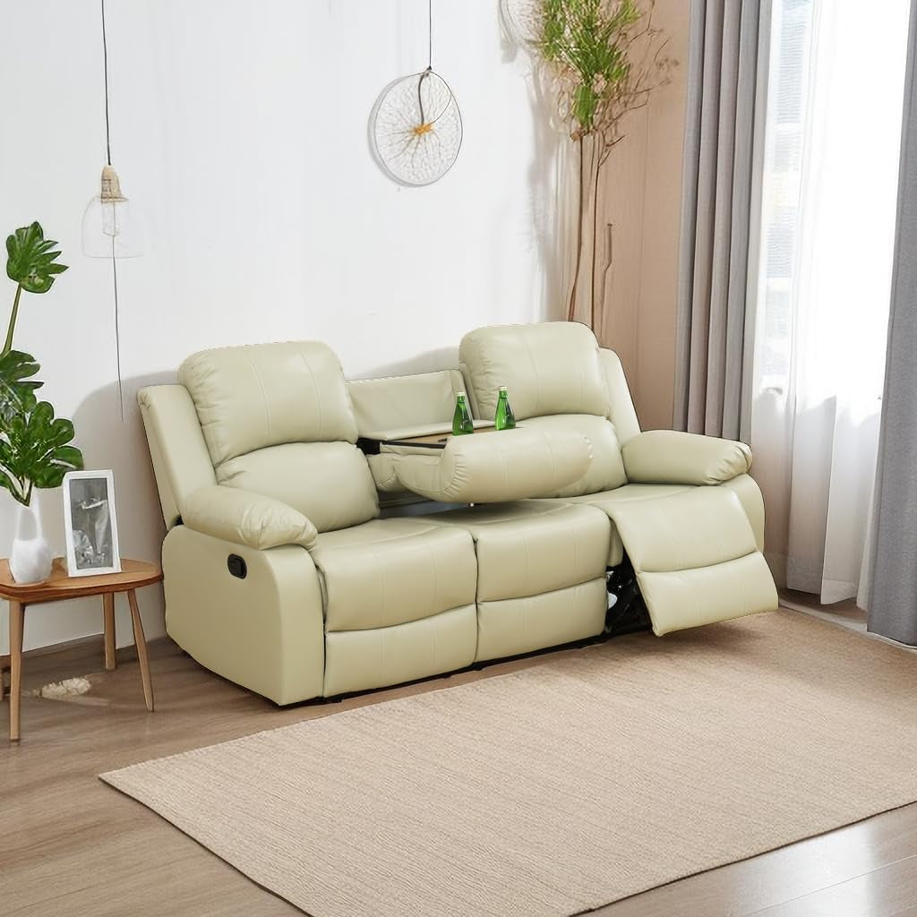 Living Room Furniture Set Leather Recliner Sofa Set Loveseat Chair Furniture Sofa Set for Living Room/Small Space/Rv/House/Office/Theater Seating (A-Beige Leather,Sofa(3Seater))-0