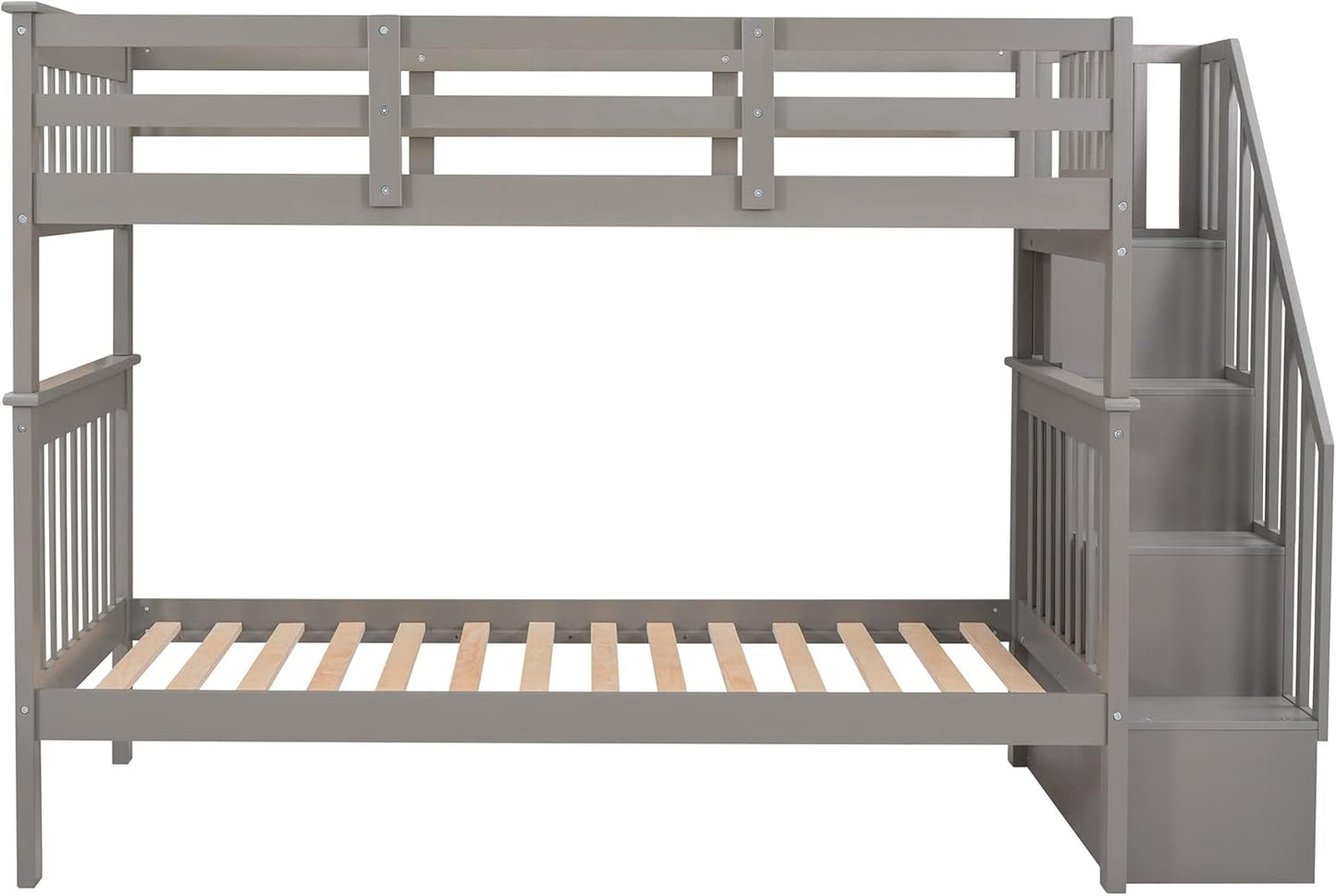 Bunk Beds Twin over Twin with Stairs, Wood Bunk Bed Frame with Storage and Guard Rail,Twin Bunk Beds for Kids, Bedroom, Dorm, Teens, Adults,Grey-4