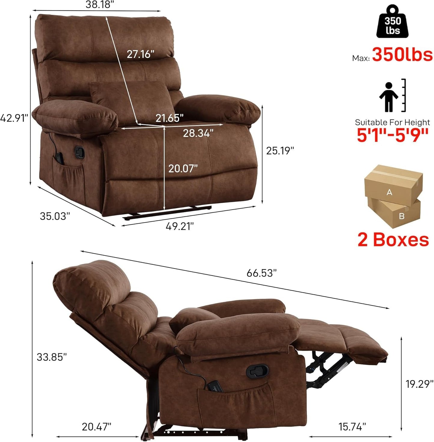 Oversized Recliner Chair, plus Size 28 Inch Large Wide Seat Manual Flannel Recliner with Pockets, Massage Heated Pillow 350 Lb Capacity for Living Room Adults-1