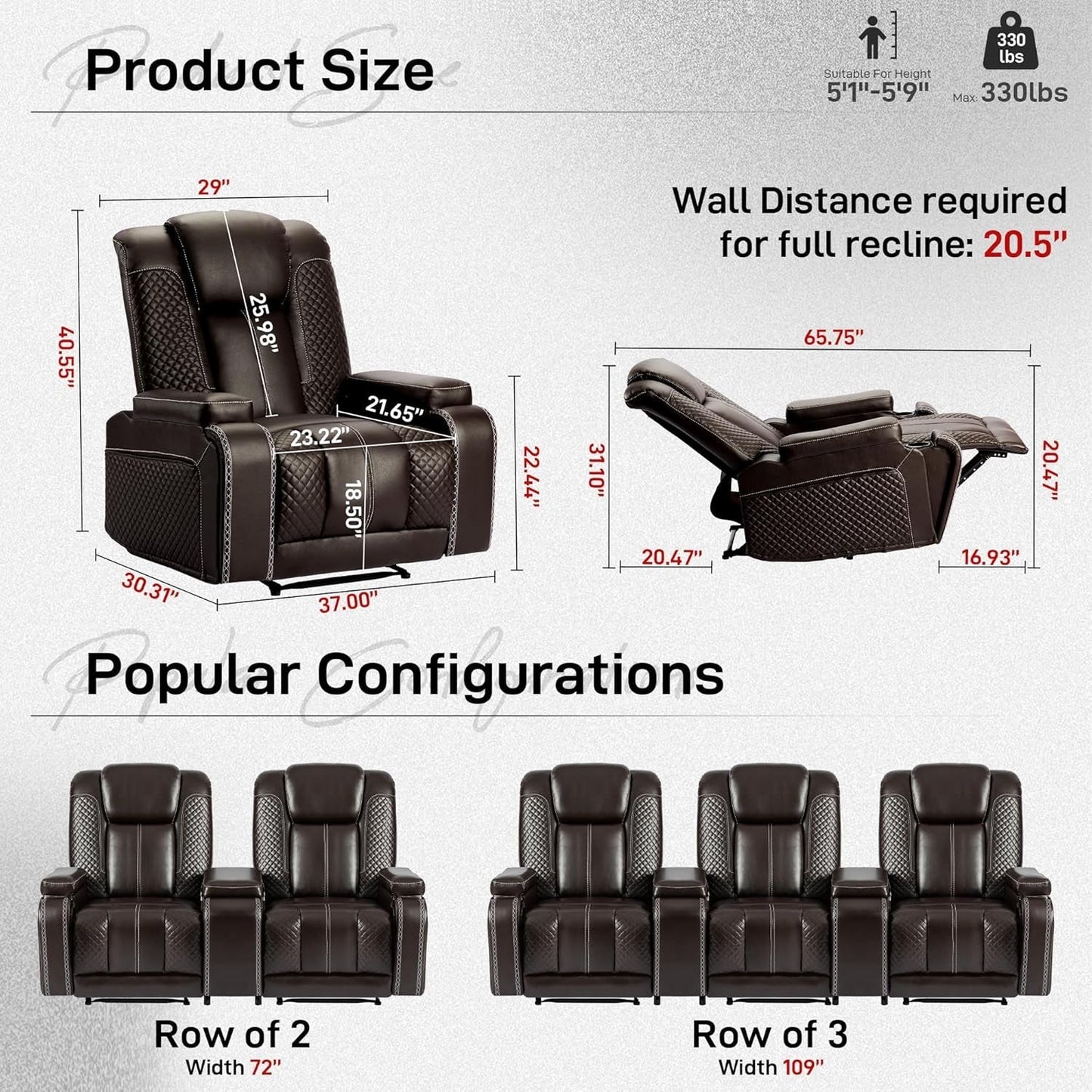 Recliner Chair Set of 2 Theater Seating with Massage & Heating Breathable Leather Sofa, USB Ports, Suitable Living Room Home Brown-1