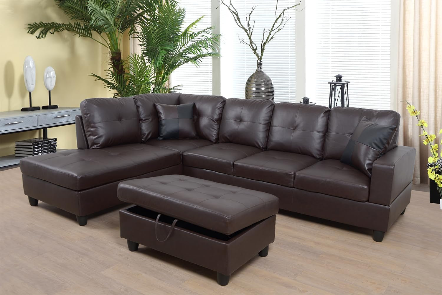 Brown Leather Sectional Couch for Living Room Set,Sectional Sofa L Shape Couch with Storage Ottoman/Brown Faux Leather/Facing Left Chaise-0