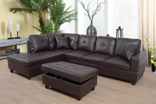 Brown Leather Sectional Couch for Living Room Set,Sectional Sofa L Shape Couch with Storage Ottoman/Brown Faux Leather/Facing Left Chaise-0
