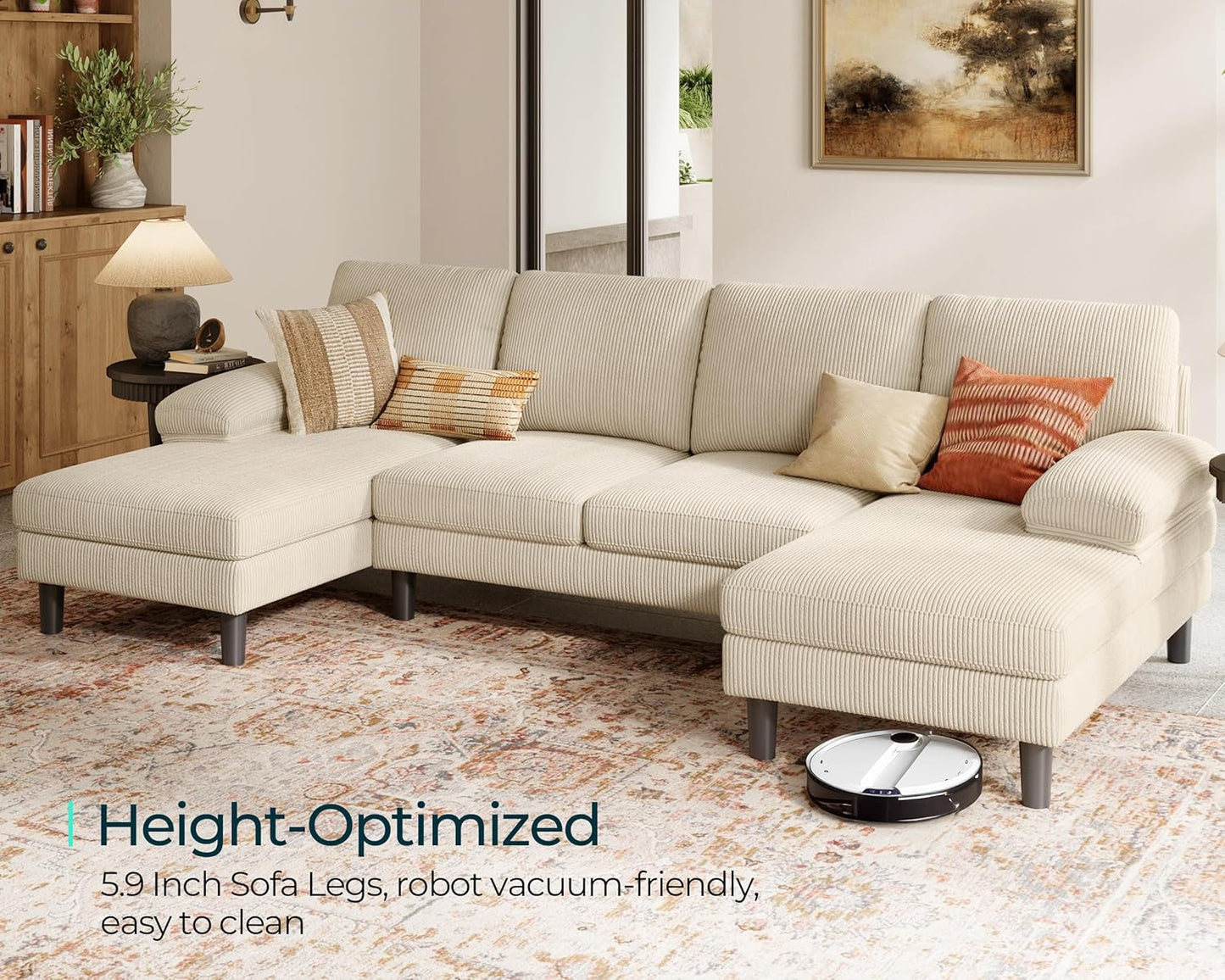 Sectional Couch, 111'' W Corduroy U Shaped Sofa with Sleepable Armrests, 4 Seat Couch with Double Chaises, Deep Sofa for Living Room, Beige-2