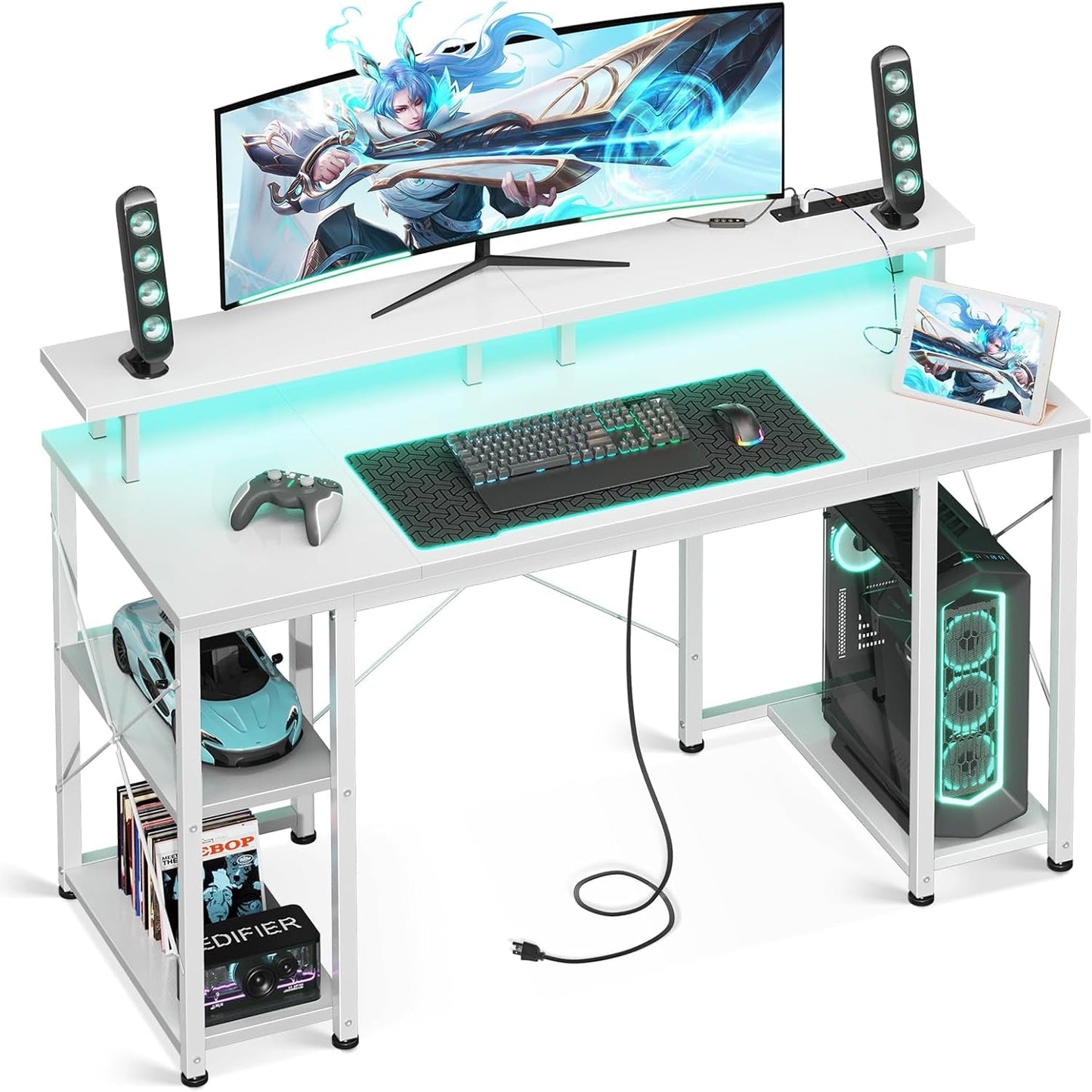 48 Inch Gaming Desk with LED Lights & Power Outlets, Computer Desk with Monitor Stand & Storage Sheves, CPU Stand, Home Office Desk, White-0