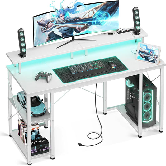 48 Inch Gaming Desk with LED Lights & Power Outlets, Computer Desk with Monitor Stand & Storage Sheves, CPU Stand, Home Office Desk, White-0