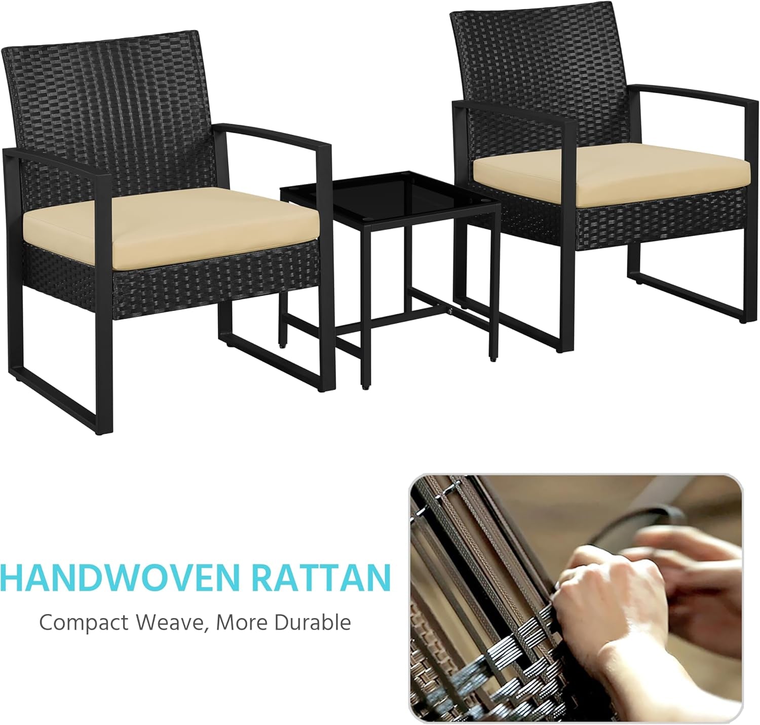 3 Pieces Rattan Bistro Set, Indoor/Outdoor Wicker Patio Modern Conversation Furniture, 2 Chairs & Tempered Glass Coffee Table for Garden, Balcony, Backyard, Poolside, Black/Khaki-3