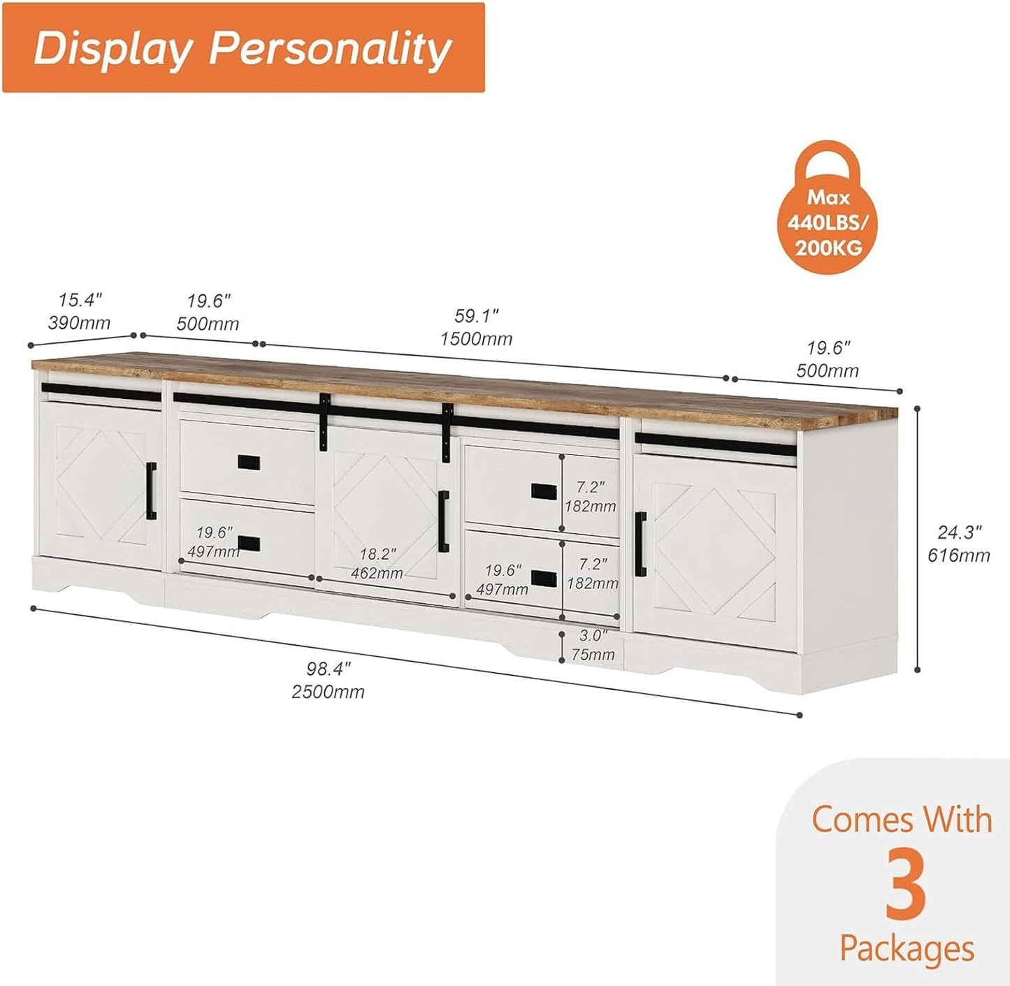 98.4" Wide TV Stand for Tvs up to 110",Faux Bark Finish Wood Entertainment Center with 4 Drawers and Adjustable Shelvs for Living Room,Antique White-1