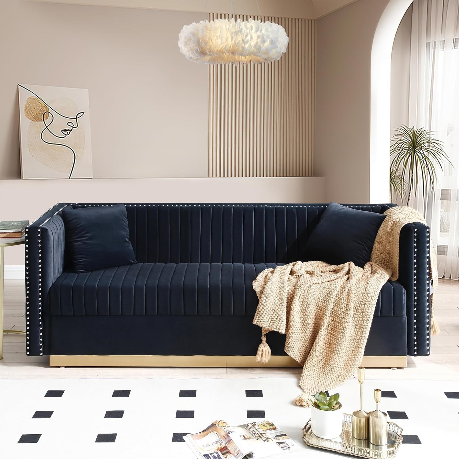 Luxury Velvet Sofa Set for Living Room, Modern Decor Furniture Channel Sofa Couch and Loveseat with Nailhead Gold Metal Legs and 4 Pillows for Bedroom, Hall, Black-3