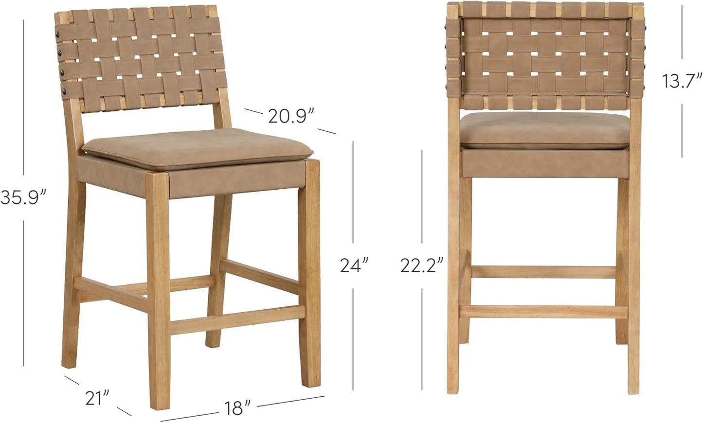 Cohen Mid-Century Modern Leather Bar Stool, Counter Height Chair in Solid Wood Frame with Footrest and Woven Leather Back for Kitchen, Natural Brown, 1 Count, Barstool - 24"-1