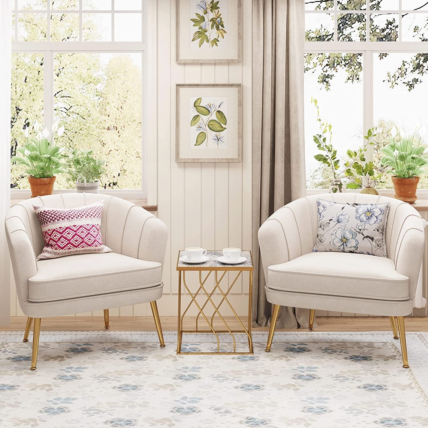 Modern Beige Velvet Accent Chair with Golden Legs-1