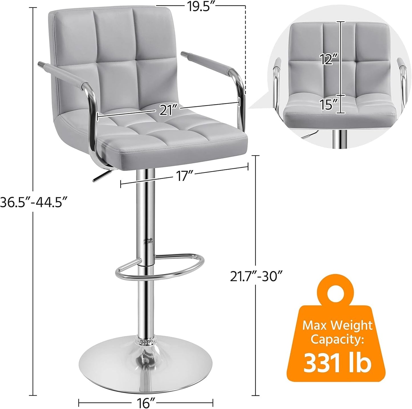 Modern Bar Stools Set of 2 Swivel Kitchen Stool Height Adjustable Square Counter Stool with Back&Armrest PU Leather Stool, Light Grey-2