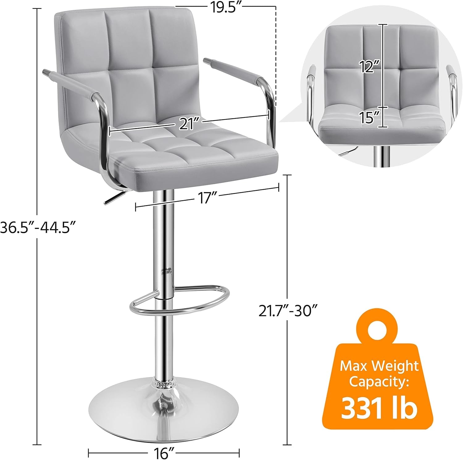 Modern Bar Stools Set of 2 Swivel Kitchen Stool Height Adjustable Square Counter Stool with Back&Armrest PU Leather Stool, Light Grey-2