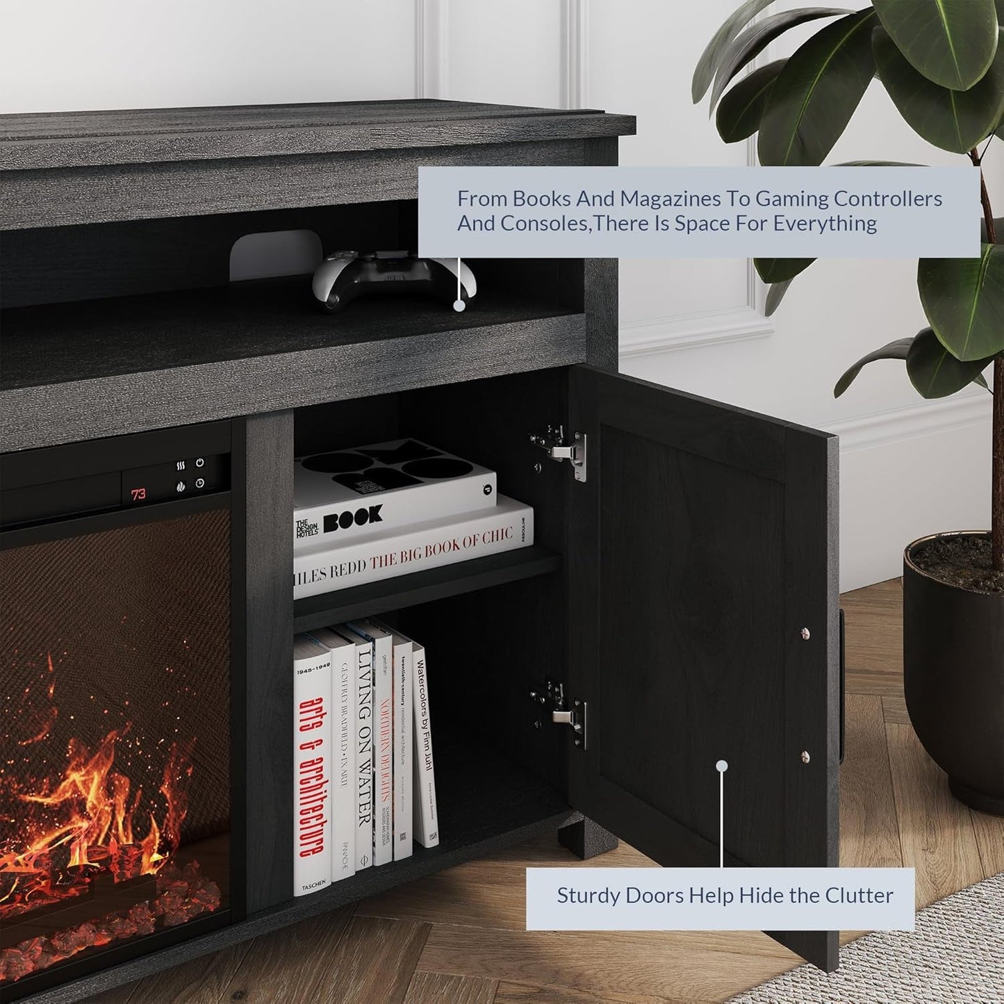 58" Farmhouse Fireplace TV Stand for Tvs up to 65", 23" Electric Fireplace Heater with Sound, Entertainment Center Media Console Table Barn Door Storage Cabinets for Living Room - Rustic Grey-2