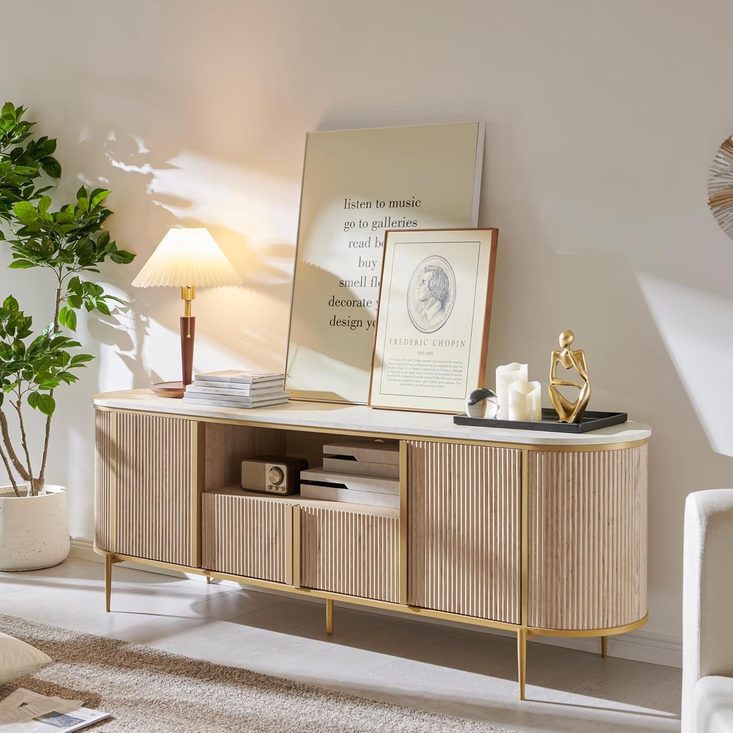 Luxury 70" Fluted TV Stand, Modern Chic Entertainment Center for Tvs up to 80 Inches, TV Console with Faux Marble Top, Curved Profile Design, Media Console for Living Room, Natural Oak-1