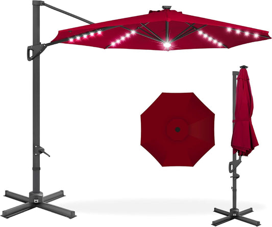 10Ft Solar LED Cantilever Patio Umbrella, 360-Degree Rotation Hanging Offset Market Outdoor Sun Shade for Backyard, Deck, Poolside W/Lights, Easy Tilt, Cross Base-0