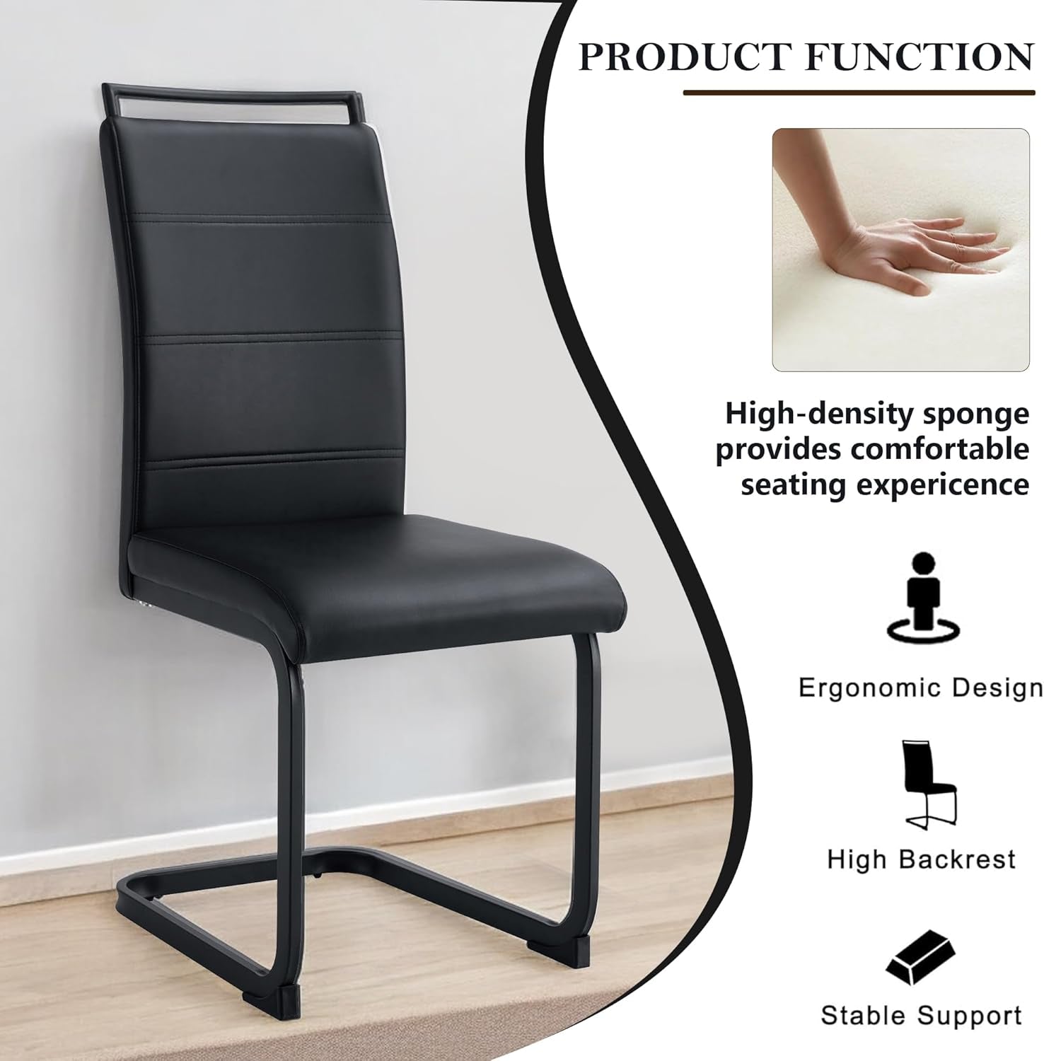 Modern Dining Chairs Set of 4, PU Faux Leather High Back Upholstered Dining Room Side Chair with Horizontal Stripe Backrest Design for Kitchen Living Room Dinner Chairs, Black with Black Legs-4