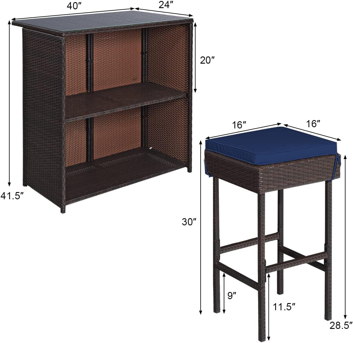 Patio Bar Set, 3 Piece Outdoor Rattan Wicker Bar Set with 2 Cushions Stools & Glass Top Table, Navy & off White Cover, Outdoor Furniture Set for Patios Backyards Porches Gardens Poolside-4