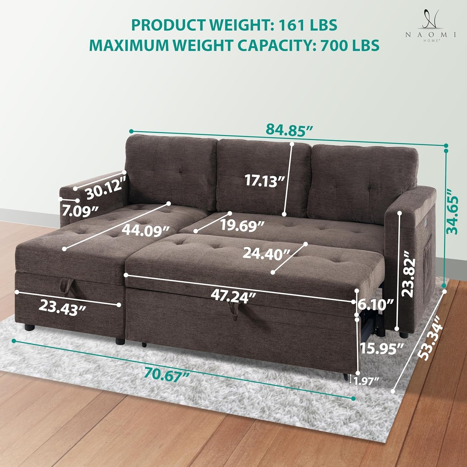 L-Shaped Sectional Sleeper Sofa with USB Ports - Convertible Pull-Out Bed, Ample Storage, Timeless Design, Durable Construction, Espresso/Microfiber-1