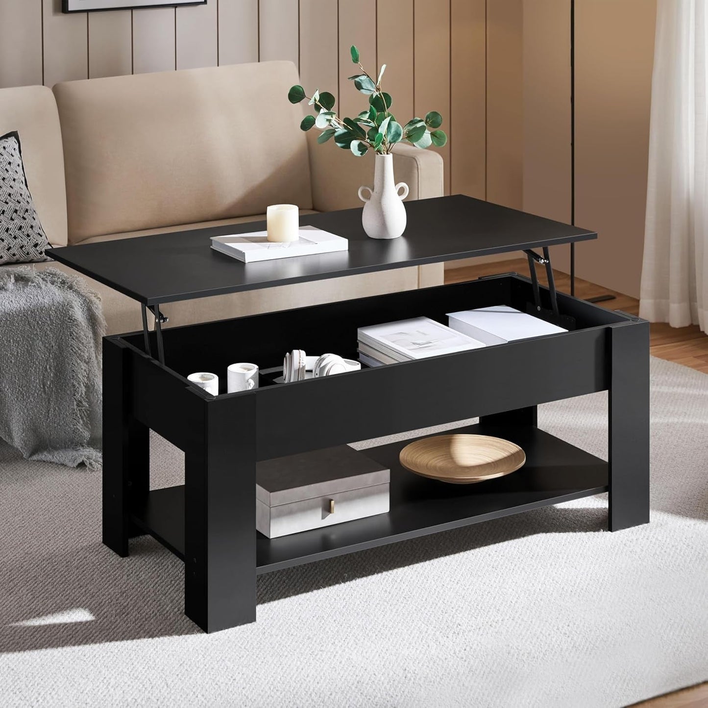 Lift Top Coffee Table with Hidden Compartment and Storage Shelf, Rising Tabletop Dining Table for Living Room Reception Room, 47.5In L, Black-1