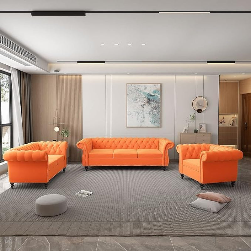 3-Piece Living Room Sectional Sofa Set, Upholstered Sofa Modern Sofa Couches Set Style Button Tufted, Velvet Chesterfield Sofa for Living Room Apartment, 1+2+3 Seat Orange-0