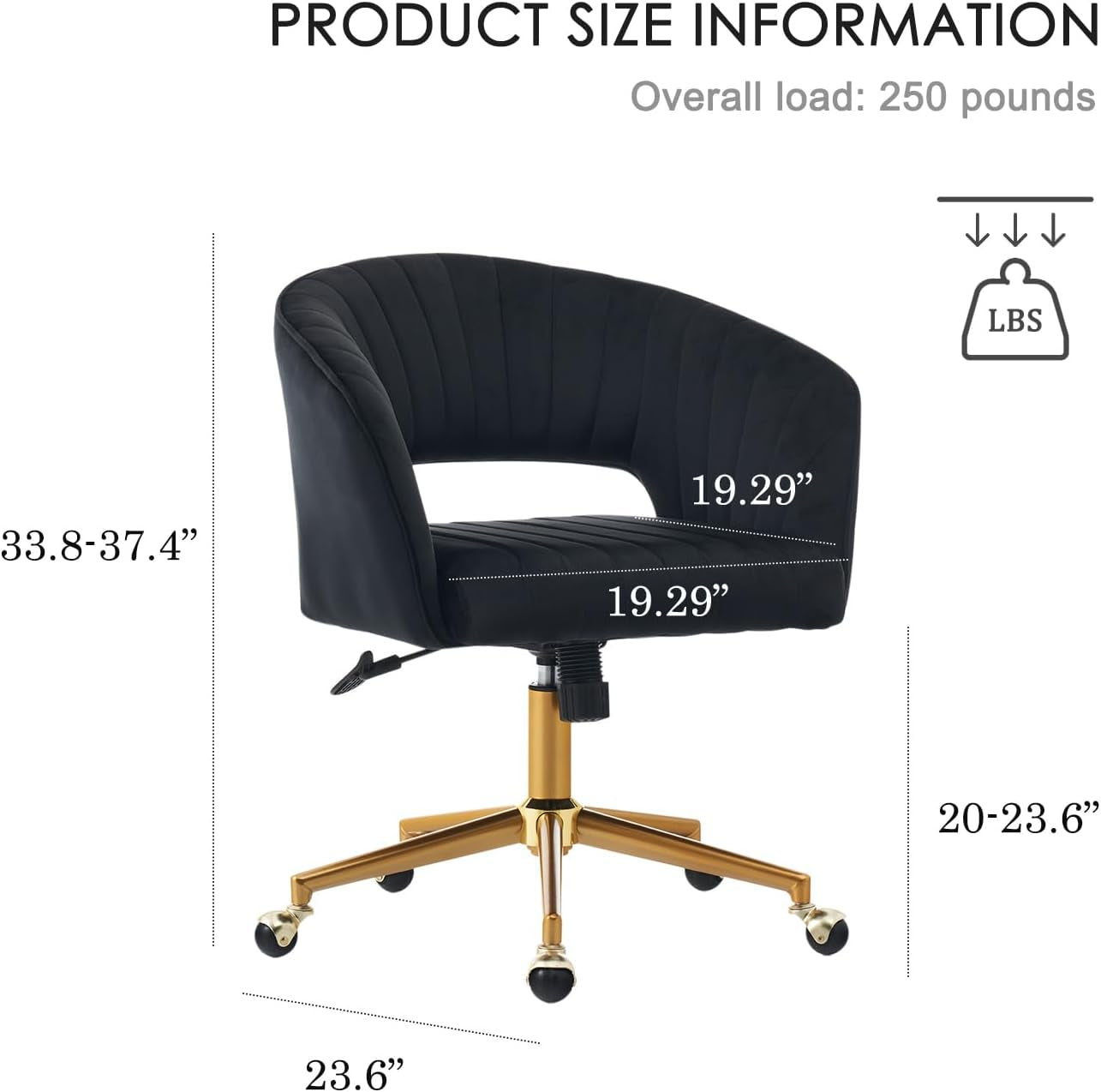 Home Office Chair Swivel Velvet Desk Chair, Vanity Chair with 360 Swivel Armchair and Gold Base,For Living Room, Bedroom, Vanity, Study (Black)-2