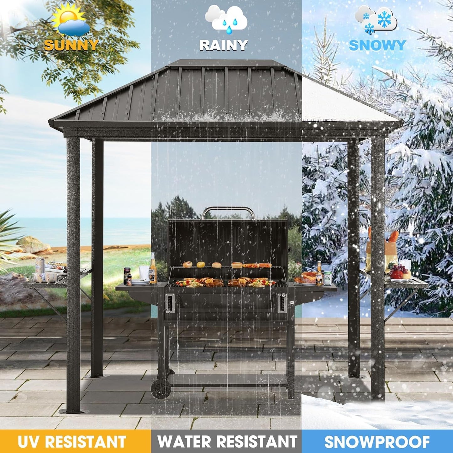 Grill Hardtop Gazebo 6X8 - Outdoor Metal Hard Top Gazebo, Permanent Galvanized Steel BBQ Gazebo Aluminum Framed Pavilion with Shelves for Patio Backyard Lawn Garden (Single Roof, Dark Brown)-4
