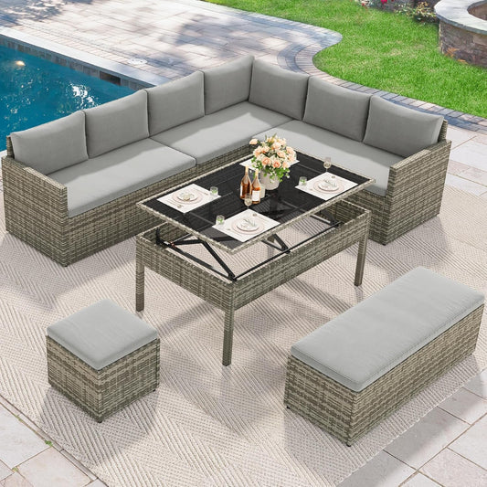 L-Shaped Outdoor Sectional Sofa Set with Adjustable Lift-Top Dining Table, All-Weather Wicker Patio Furniture, Ottoman & Tempered Glass Top, Gray Gradient-0