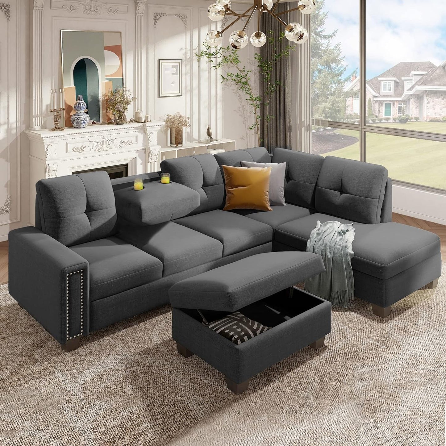 Sectional Sofa with Reversible Chaise Lounge, L-Shaped Sofa with Storage Ottoman and Cup Holders, Nail Head Detail, Sectional Couches Living Room Furniture Sets (Grey)-0
