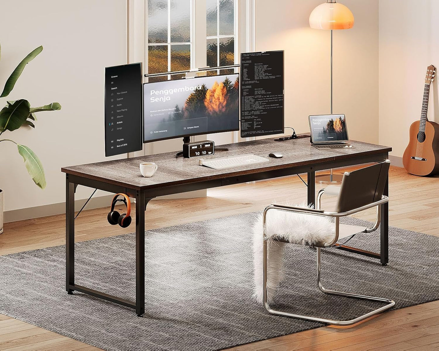 71 Inch Computer Desk with USB Ports, Large Office Desk, Long Study Student Writing Desk, Grey Oak-4