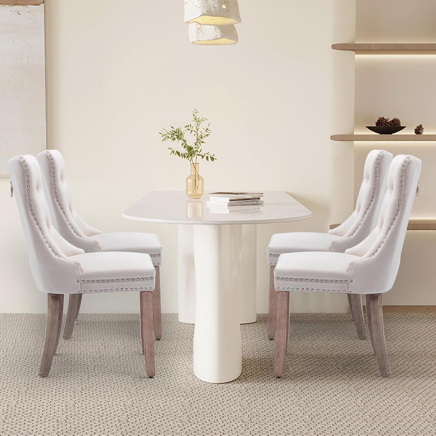 Velvet Upholstered Dining Chairs Set of 4, Modern Style Kitchen Side Chairs with Nailhead Trim and Wood Legs,Metal Pulling Ring for Dining Room Living Room(Beige,Set of 4)-3
