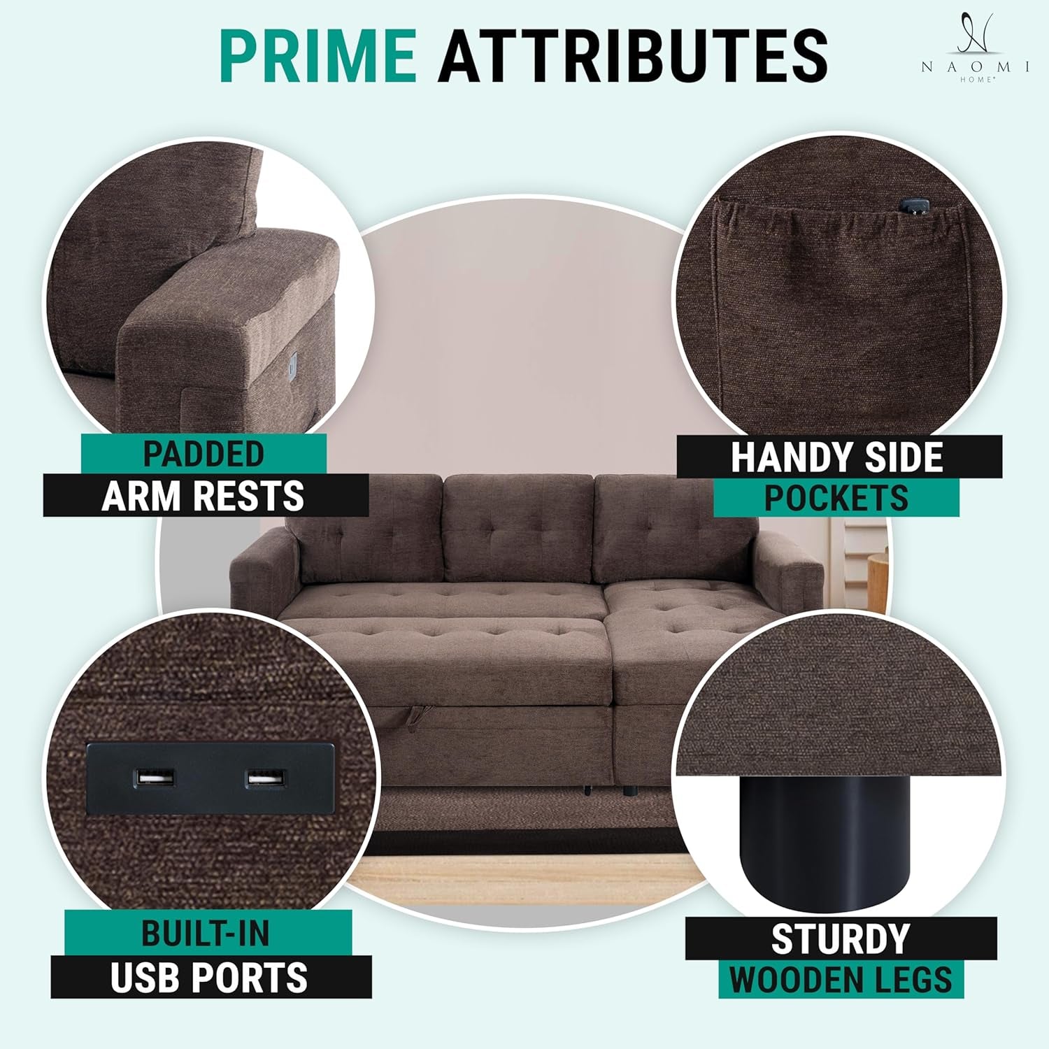 L-Shaped Sectional Sleeper Sofa with USB Ports - Convertible Pull-Out Bed, Ample Storage, Timeless Design, Durable Construction, Espresso/Microfiber-2