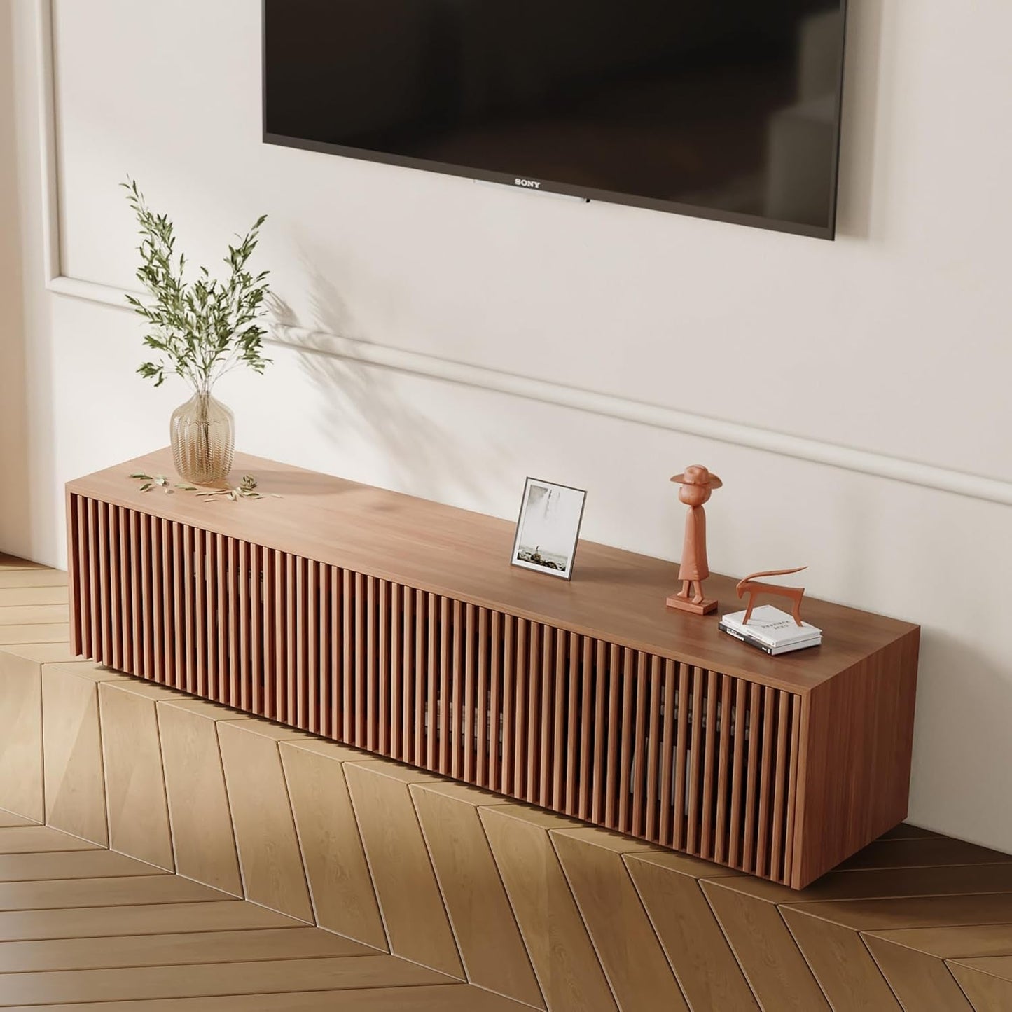 Mid Century Modern TV Stand, Solid Wood Media Console for 65 Inch TV, Full Assembled Farmhouse Entertainment Center with Storage for Living Room, Low Cabinet with Removable Shelves-3