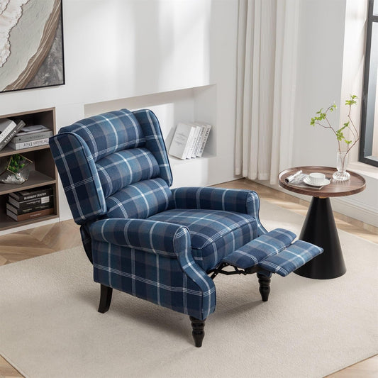 Upholstered Wingback Recliner Chair, Plaid Recliner Chair Armchair Adjustable Footrest Push Back Reclining Sofa, Mid-Century Modern Lounge Armchair for Living Room, Bedroom, Reading - Blue-0