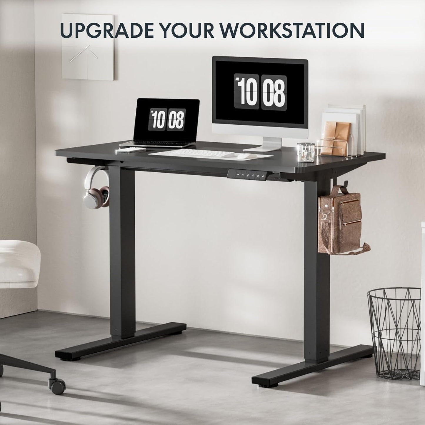 EN1 Whole-Piece Standing Desk 48 X 24 Inches Electric Height Adjustable Desk Sit Stand Desk Home Office Desks (Black Frame + Black Table Top)-4