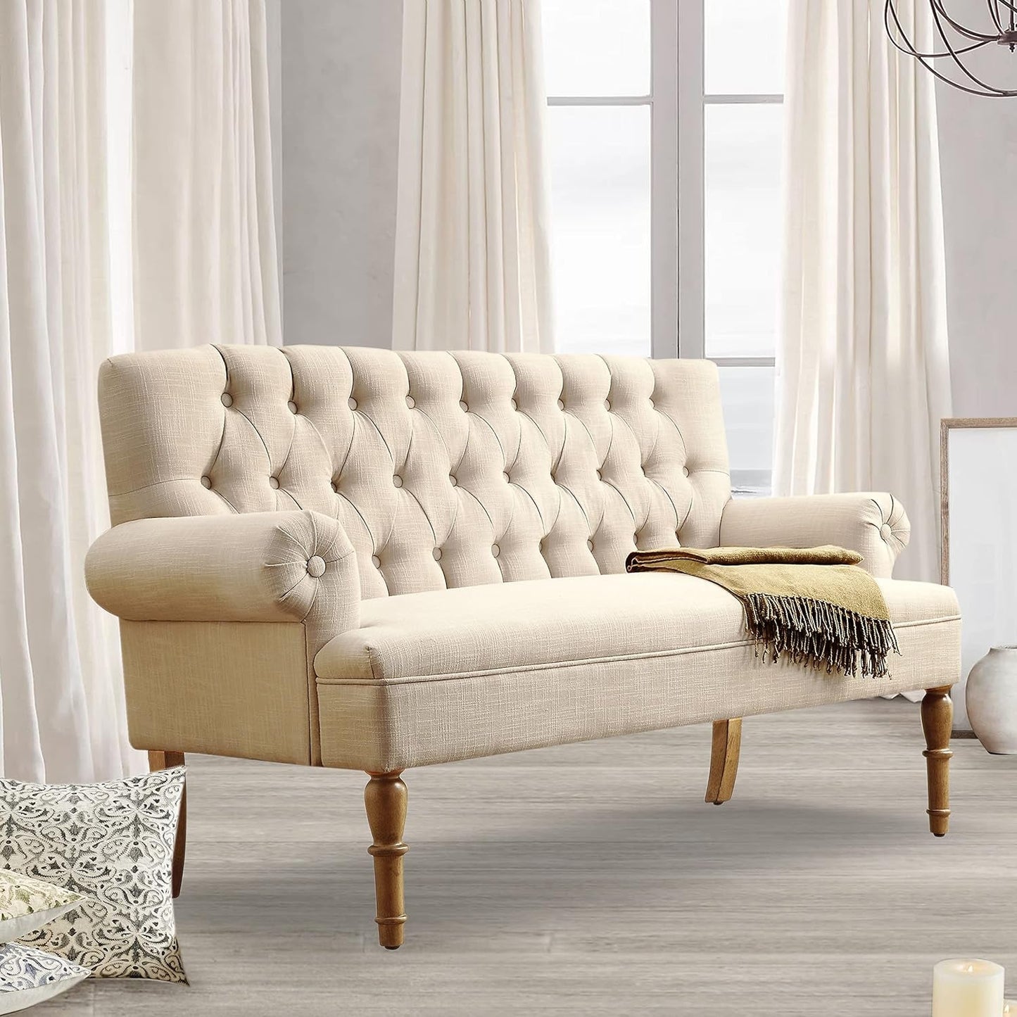 Beige Linen Loveseat Sofa for Living Room-1