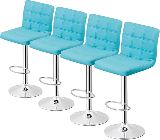 Set of 4 Adjustable Swivel Barstools, Modern PU Leather Kitchen Counter Bar Stools, Square Back Bar Stool (Blue)-0