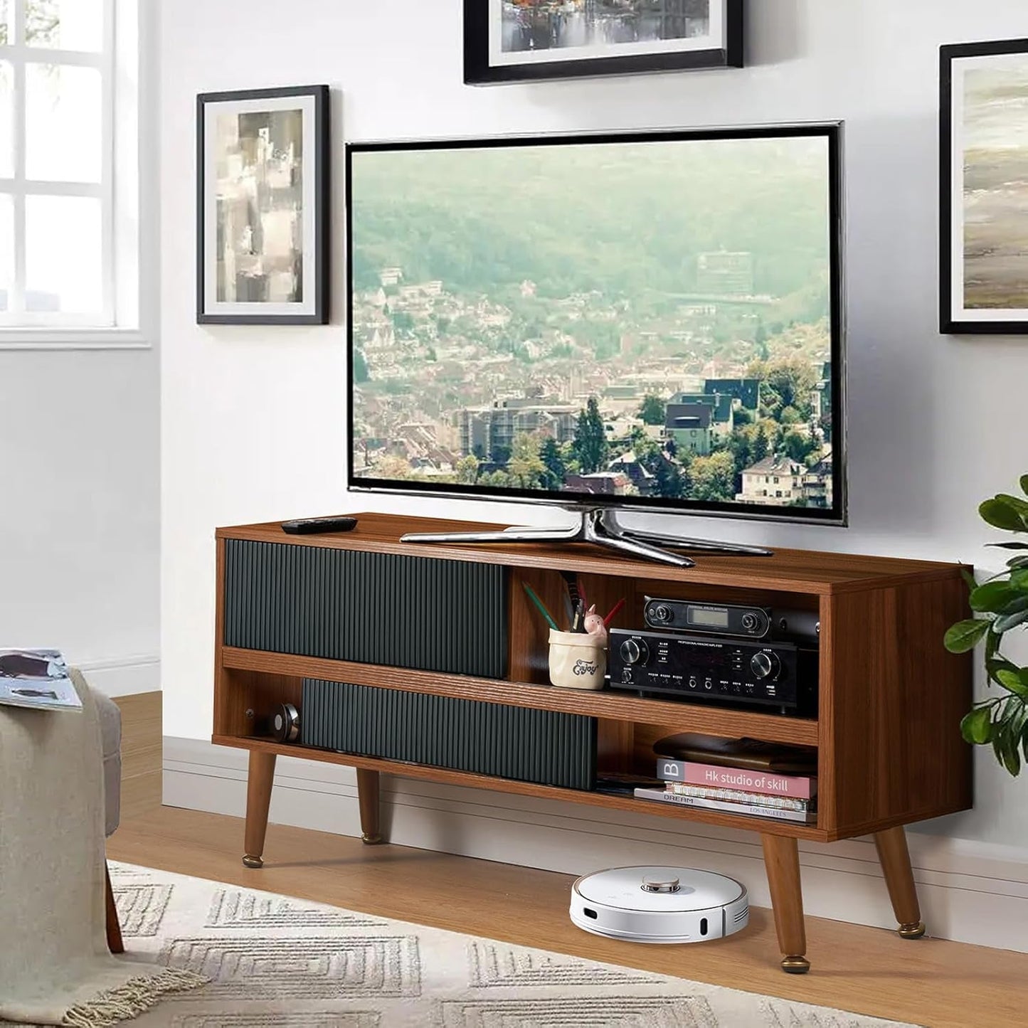 TV Stand for 46 Inch TV Mid Century Entertainment Center with Storage, Sliding Door TV Stand with 4 Shevels, Media Console Table, Low Cabinet for Home, Bedroom, Walnut-0