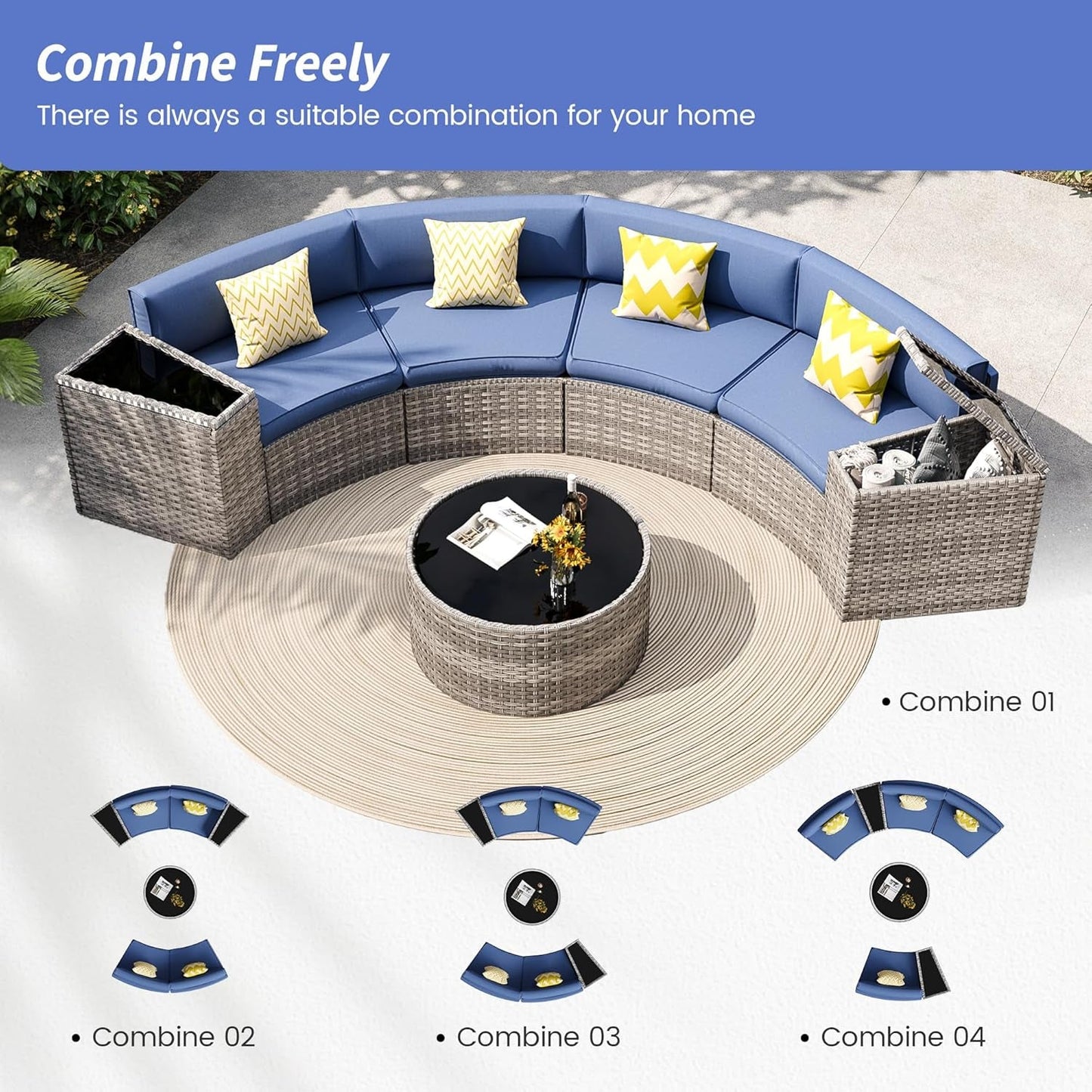 Patio Sectional Furniture Outdoor 7-Piece Grey Rattan Curved Sofa Set with Storage Table,Pillows,Fit for Pool Backyard Balcony Porch Lawn(Navy)-4