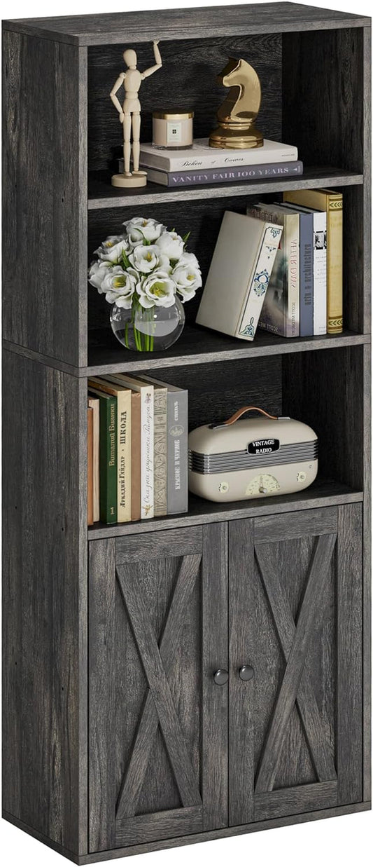 Industrial Bookshelves and Bookcases with Doors 11.8 in Depth Floor Standing 5 Shelf Display Storage Shelves Bookcase Home Decor Furniture for Home, Office, Living Room, Bedroom-0