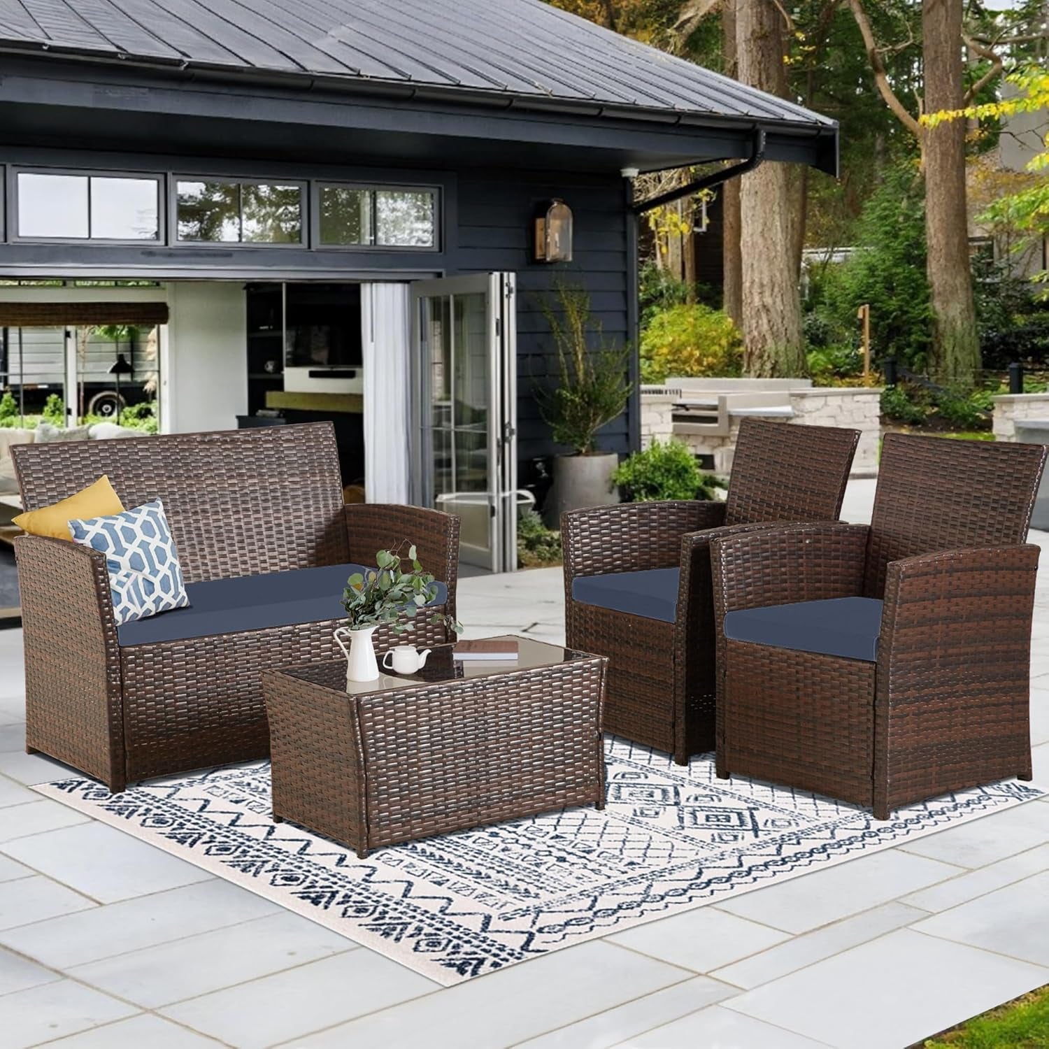 4 Piece Patio Furniture Set,Outdoor Wicker Conversation Sets,Rattan Sectional Sofa W/Coffee Table,Seat Cushions for Backyard Porch Garden Poolside (Gray/Blue)-1