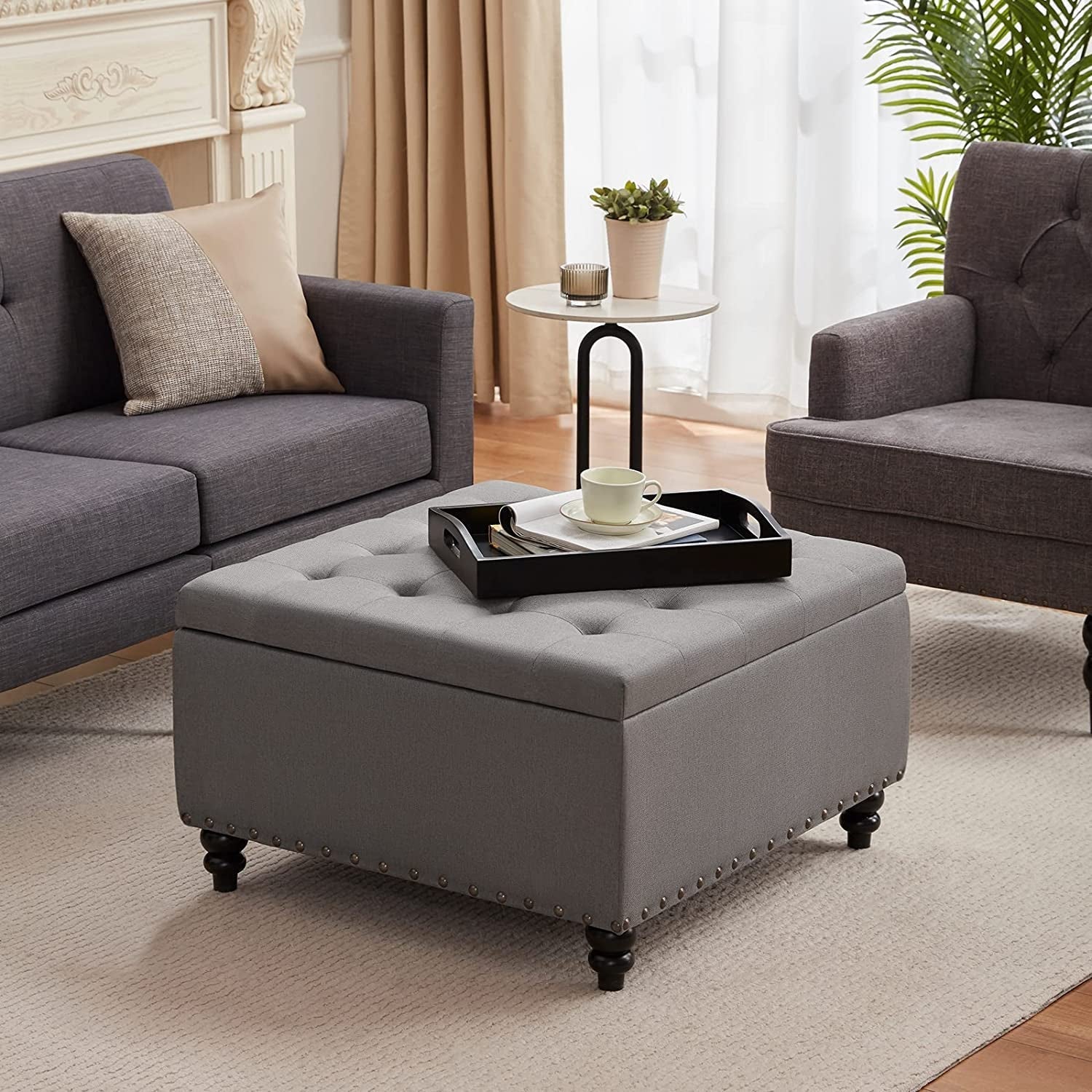 Grey Tufted Ottoman with Storage and Tray-0