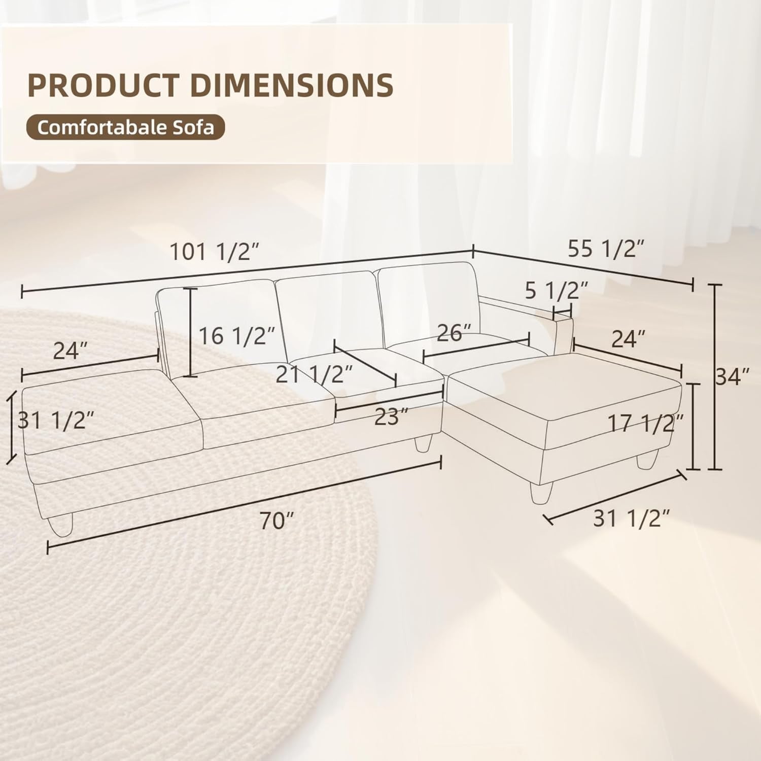 L Shaped Sectional Modern Sofa - Convertible Leather Sofa Sleeper Sofa Bed Couch Set with Reversible Chaise, Lounge Sofa Modular Cloud Sofa Couch for Living Room Apartment-1
