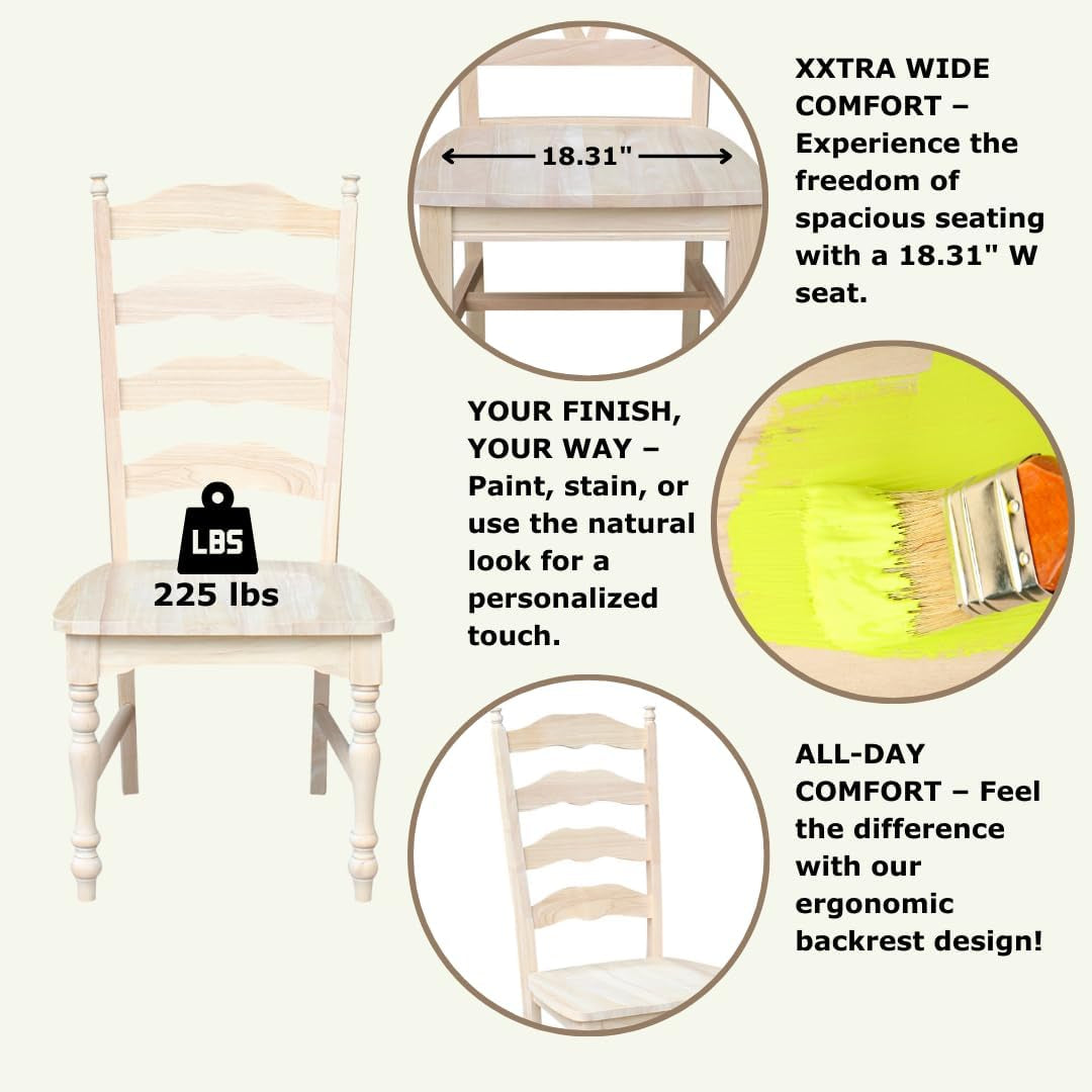 Set of 2 Maine Ladderback Chairs Dining/Kitchen/Study/Balcony, Solid Wood, Parawood Construction, 42.1"H, Ready to Paint or Stain in Any Color, Unfinished-3
