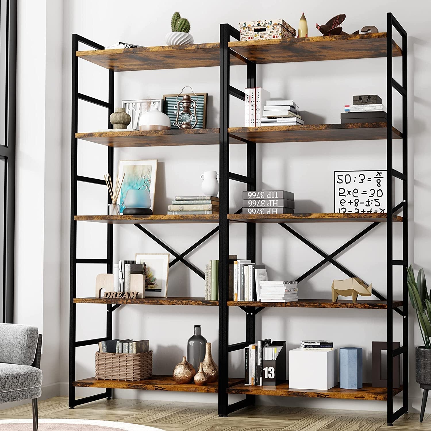 Pair 5 Shelf Bookcases: Tall Rustic Industrial-0