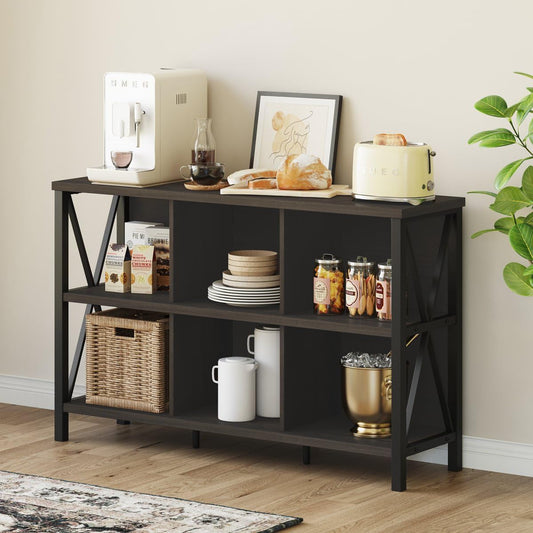 Rustic 6 Cube Storage Organizer with Shelf, Wood and Metal Cubby Bookcase, Industrial Horizontal Bookshelf for Living Room, Office (Walnut Brown, 47 Inch)-1